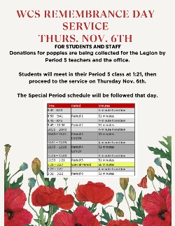 White background with field of poppies across the bottom. Information is detailed with the schedule in the middle.
